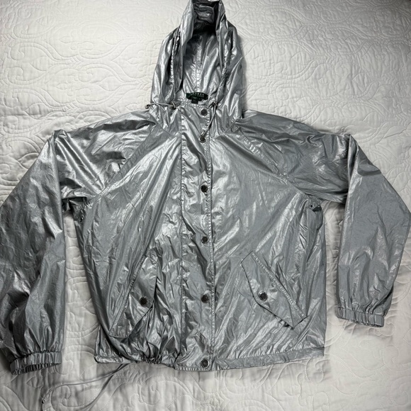 Lauren Ralph Lauren Jackets & Blazers - Ralph Lauren Silver‎ Foil Metallic Hooded Full Zip Windbreaker Women's Large EUC